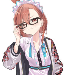 1girl absurdres adjusting_eyewear ahoge bespectacled black-framed_eyewear black_nails blue_archive braid earrings floral_print floral_print_jacket glasses hair_ornament hair_tie highres hoffun jacket jewelry maid_headdress mole mole_under_eye neru_(blue_archive) orange_hair red_eyes shirt short_hair side_braid smile solo standing sukajan white_background white_shirt wristband