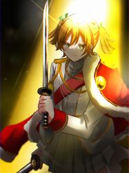 1girl absurdres aiguillette arm_at_side asahi_rise black_background blonde_hair chromatic_aberration closed_mouth commentary_request cowboy_shot daiba_nana dual_wielding epaulettes fur-trimmed_jacket fur_trim glint green_eyes green_ribbon grey_skirt hair_between_eyes hair_ribbon hand_up highres holding holding_sword holding_weapon jacket jacket_on_shoulders katana light_smile long_sleeves looking_ahead miniskirt pleated_skirt red_jacket red_sash ribbon sash short_hair short_twintails shoujo_kageki_revue_starlight shoulder_sash single_stripe skirt solo spotlight standing sword twintails weapon white_jacket
