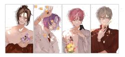 22kolink 4boys bare_shoulders blonde_hair bouquet brown_hair chloe_collins collared_shirt column_lineup flower highres holding holding_flower long_sleeves mahoutsukai_no_yakusoku male_focus multiple_boys murr_hart off_shoulder open_clothes open_shirt petals pink_hair purple_eyes purple_hair rustica_ferch shirt short_hair shylock_bennett tattoo upper_body