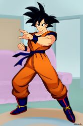 Rule 34 | 1boy, absurdres, black eyes, black hair, blue boots, blue sash, blue shirt, blue wrist cuffs, boots, clenched hand, dougi, dragon ball, dragonball z, full body, highres, indoors, male focus, medium hair, muscular, muscular male, orange pants, orange shirt, pants, sash, shirt, smgold, solo, son goku, spiked hair, wrist cuffs