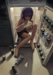 1girl absurdres an_yb apple bare_shoulders barefoot between_fingers black_shorts blue_eyes blue_hair bottle cabinet can cellphone commentary counter dark_background dark_room drink_can eating energy_drink english_commentary flip_phone food food_in_mouth food_wrapper fruit full_body hair_between_eyes headphones highres holding holding_food holding_ice_cream holding_phone ice_cream in_container in_refrigerator indoors kitchen knee_up looking_at_phone looking_down medium_hair monster_energy original phone pocari_sweat popsicle popsicle_in_mouth purple_eyes purple_hair refrigerator refrigerator_interior shirt short_hair shorts sidelocks sitting soda_bottle solo tank_top water water_bottle white_shirt white_tank_top