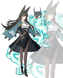 1girl absurdres animal_ears black_hair blue_fire blunt_bangs fire fox_ears fox_tail full_body high-waist_skirt highres hoshimi_miyabi long_hair looking_at_viewer mechanical_arms pantyhose red_eyes shirt skirt standing tail themaree white_shirt wide_sleeves zenless_zone_zero zoom_layer