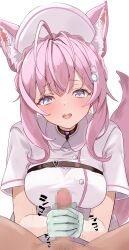 1boy 1girl absurdres animal_ears antenna_hair belt black_belt black_choker blue_eyes blush braid breasts censored chest_belt choker collared_dress commentary crown_braid dress fang gloved_handjob gloves green_gloves hair_ornament hakui_koyori handjob hat heart heart_choker highres hololive large_breasts long_hair looking_at_viewer mosaic_censoring multicolored_eyes nurse nurse_cap open_mouth penis pink_hair pink_lips purple_eyes short_sleeves simple_background smile solo_focus tail tonton_utaro translation_request two-tone_eyes virtual_youtuber white_background white_dress white_hat wolf_ears wolf_girl wolf_tail