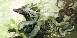 armor black_sclera branch colored_sclera dragon eastern_dragon eastern_dragon_horns from_behind gold_armor green_eyes green_theme halo helmet highres jungle mane microw monster monster_focus nature no_humans original plant snake tail tail_ornament tree vines white_hair
