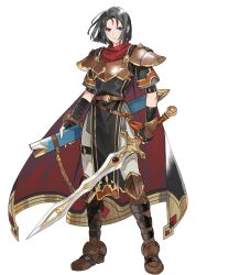 Rule 34 | 1girl, armor, black cape, black eyes, black gloves, black hair, breastplate, cape, fingerless gloves, fire emblem, fire emblem: thracia 776, fire emblem heroes, gloves, gold trim, highres, holding, holding sheath, holding sword, holding weapon, looking at viewer, machyua (fire emblem), nintendo, non-web source, official art, pelvic curtain, red cape, scabbard, sheath, short hair, shoulder pads, solo, sword, tachi-e, two-sided cape, two-sided fabric, weapon