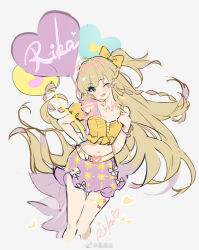 1girl bad_link balloon belt blonde_hair blush bow green_eyes highres idolmaster idolmaster_cinderella_girls jewelry jougasaki_rika long_hair looking_at_viewer necklace open_mouth pink_skirt skirt smile solo wenquangua yellow_bow