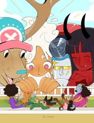 2girls 6+boys ^_^ afro alternate_form anger_vein antlers black_hair blue_hair blue_hood blue_skin blunt_bangs boots brook_(one_piece) cesel closed_eyes colored_skin commentary cross demonio_fleur fang franky_(one_piece) gear_fifth giant green_hair green_kimono hat head_rest heart heart-shaped_pupils horns japanese_clothes jinbe_(one_piece) kimono long_hair lying monkey_d._luffy multiple_boys multiple_girls nami_(one_piece) nico_robin notice_lines on_back one_piece orange_hair outdoors pink_hat red_skin reindeer_antlers roronoa_zoro sanji_(one_piece) short_hair sitting smile sparkle straw_hat_pirates sunglasses symbol-shaped_pupils tinted_eyewear tony_tony_chopper twitter_username usopp white_hair yellow-tinted_eyewear