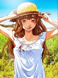 1girl absurdres asano_inio blood blood_on_clothes brown_eyes brown_hair collarbone day dress grass hat highres long_hair looking_at_viewer official_art outdoors oyasumi_punpun sky sleeveless sleeveless_dress smile solo straw_hat tanaka_aiko thick_eyebrows upper_body white_dress