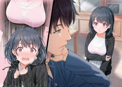 1boy 1girl absurdres arm_under_breasts black_hair blue_eyes blush bob_cut bra_visible_through_clothes breasts fumino_kaede hair_ornament hairclip highres hyuuga_azuri indoors jacket large_breasts looking_at_another microwave novel_illustration official_art open_clothes open_jacket open_mouth paneled_background parted_lips red_eyes second-party_source seiza senpai_jitaku_keibiin_no_koyou_wa_ikaga_desu_ka shirt short_hair sitting surprised tamachi_hajime w_arms white_shirt