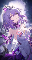 Rule 34 | 1girl, absurdres, bare shoulders, between breasts, black tiara, blurry, blurry background, breasts, bug, butterfly, castorice (honkai: star rail), commentary request, dress, dress flower, elbow gloves, flower, gloves, grey background, hair between eyes, hair flower, hair ornament, highres, honkai: star rail, honkai (series), insect, long hair, looking at viewer, medium breasts, parted lips, pointy ears, purple butterfly, purple eyes, purple hair, shali, sidelocks, sleeveless, sleeveless dress, solo, standing, tiara, two-tone dress, white dress, white gloves