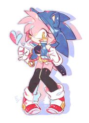 1girl :d amy_rose animal_ears animal_nose black_shirt black_thighhighs blue_jacket character_hood cosplay crop_top full_body furry furry_female gloves heart heart_in_mouth hedgehog_girl jacket looking_at_viewer open_clothes open_jacket open_mouth pink_fur pink_hair red_shoes shirt shoes short_tail shorts simple_background smile solo sonic_(series) sonic_the_hedgehog sonic_the_hedgehog_(cosplay) standing tail thighhighs weon1119 white_background white_gloves yellow_eyes yellow_shorts