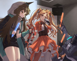 Rule 34 | 1other, 2girls, :d, ambiguous gender, arknights, black bow, black bowtie, black coat, black gloves, black necktie, black skirt, blush, bow, bowtie, brown hair, coat, collared jacket, cowboy shot, cropped jacket, doctor (arknights), feather hair, gloves, glowstick, highres, holding, holding glowstick, holding instrument, holding microphone, hood, hood up, hooded coat, indoors, instrument, jacket, kafka (arknights), karaoke, knee pads, long hair, long sleeves, looking at viewer, mask, microphone, multiple girls, music, necktie, open clothes, open jacket, open mouth, orange eyes, orange hair, orange jacket, orange legwear, orange skirt, pinecone (arknights), pinecone (sing a song) (arknights), shironekoban, shirt, short sleeves, singing, single knee pad, skirt, smile, teeth, thighhighs, twintails, upper teeth only, very long hair, white gloves, white legwear, white shirt, yellow eyes