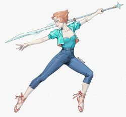 1girl adelheid_(moschiola) ballet_slippers blue_jacket capri_pants forehead_jewel full_body high-waist_pants highres jacket pale_skin pants pearl_(steven_universe) pointy_nose polearm short_hair solo steven_universe weapon