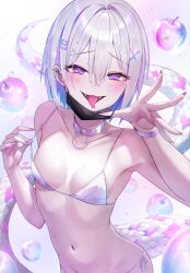 1girl bare_shoulders bikini black_mask blush breasts collarbone colored_inner_hair commentary ear_piercing fangs fingernails food forked_tongue fruit groin hair_ornament hairclip highres kai_(esugi) looking_at_viewer mask mask_lift medium_hair mole mole_on_breast mole_under_eye mouth_mask multicolored_hair nail_polish navel open_mouth original piercing pink_eyes pink_nails pulling_own_clothes simple_background slit_pupils small_breasts smile snake solo spiked_ear_piercing stomach strap_pull swimsuit tongue tongue_out white_background white_bikini white_hair x_hair_ornament