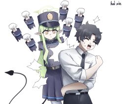 Rule 34 | 1boy, 1girl, absurdres, afterimage, belt, black belt, black hair, black necktie, black pants, black skirt, blue archive, blue archive the animation, business casual, commentary request, demon girl, demon tail, gloves, green hair, green halo, hair between eyes, halo, hat, highres, hikari (blue archive), kai xin, long hair, long sleeves, looking at another, massage, necktie, nervous sweating, pants, pantyhose, parted bangs, peaked cap, pointy ears, poking, sensei (blue archive), sensei (blue archive the animation), shirt, sidelocks, simple background, skirt, sweat, tail, train conductor, v-shaped eyebrows, white background, white gloves, white pantyhose, white shirt, yellow eyes