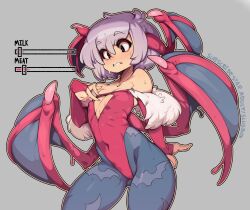 1girl absurdres animal_print bat_wings blue_pantyhose bridal_gauntlets darkstalkers demon_girl gameplay_mechanics head_wings highres leotard lilith_(darkstalkers) low_wings pantyhose pear-shaped_figure print_pantyhose purple_pantyhose red_leotard shiny_skin short_hair simple_background slider sliders slugbox solo standing transformation wings