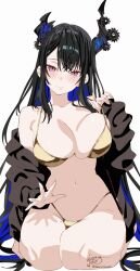 1girl absurdres alternate_costume asymmetrical_horns barefoot bikini black_hair black_jacket blue_hair breasts cleavage closed_mouth colored_inner_hair crossed_bangs flower full_body gold_bikini golden_week hair_between_eyes halterneck head_tilt highleg highleg_bikini highres hololive hololive_english horn_flower horns jacket kamiya_maneki lap_pillow_invitation large_breasts long_hair looking_at_viewer mole mole_on_thigh mole_under_eye multicolored_hair navel nerissa_ravencroft off_shoulder open_clothes open_jacket red_eyes seiza sidelocks simple_background sitting slit_pupils smile solo straight-on straight_hair strap_lift string_bikini swimsuit uneven_horns very_long_hair virtual_youtuber white_background