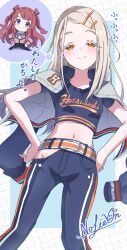 2girls absurdres belt blonde_hair blue_background blue_pants blush chibi chibi_inset commentary_request crop_top ear_piercing feet_out_of_frame from_behind gakuen_idolmaster grid_background hair_ornament hairpin hanami_saki hands_on_own_hips highres hip_vent idolmaster jacket jacket_on_shoulders long_hair looking_at_viewer midriff multiple_girls navel orange_belt orange_eyes outside_border pants piercing print_shirt shinosawa_hiro shirt short_sleeves signature smile solo_focus speech_bubble standing swept_bangs thought_bubble translation_request vtitalianlion46 white_background