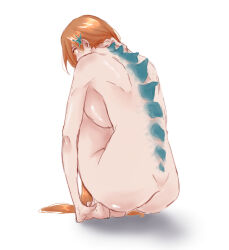 1girl ass back backboob bleach breast_press breasts chimera completely_nude from_behind highres inoue_orihime long_hair nude orange_hair squatting str4wkeri white_background yellow_eyes