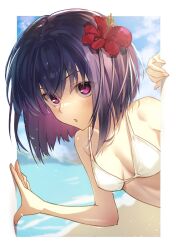 1girl :o alternate_costume beach bikini black_hair blush border breasts cleavage commentary_request flower hair_between_eyes hair_flower hair_ornament hibiscus highres kuonji_alice looking_at_viewer mahou_tsukai_no_yoru ocean outdoors outside_border purple_eyes red_flower sand short_hair small_breasts solo swimsuit toomishou water white_bikini white_border
