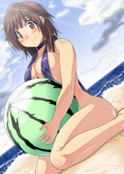1girl amagami ass bakadere ball bare_hips bare_legs barefoot beach beachball blush brown_hair choker feet female_focus holding_ball holding_beachball knees legs looking_at_viewer ocean sakurai_rihoko sand sitting slingshot_swimsuit smile solo swimsuit wariza