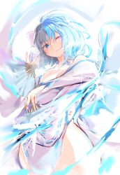 1girl blue_eyes breasts cleavage fan hair_ribbon highres ice japanese_clothes kimono looking_down red_eyes ribbon senran_kagura short_hair side_slit thick_thighs thighs white_kimono yaegashi_nan yumi_(senran_kagura)