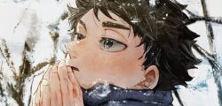 1boy akaashi_keiji black_hair blue_scarf blush breath breathing_on_hands cold from_side haikyuu!! hand_to_own_mouth highres ilst_prac_hq looking_up male_focus nose open_mouth scarf short_hair snow solo winter