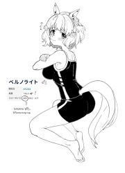 ? animal_ears barefoot belno_light_(umamusume) blush bow character_name dated ear_ribbon greyscale hair_ornament height highres horse_ears horse_girl horse_tail looking_at_viewer measurements monochrome notice_lines saramiao-chan short_hair soles tail three_sizes tracen_swimsuit twitter_username umamusume umamusume:_cinderella_gray