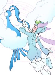 1girl altaria ass blush breasts closed_eyes commission from_behind gen_3_pokemon gloves helmet highres looking_at_viewer medium_breasts musical_note nintendo pokemon pokemon_(creature) pokemon_oras purple_eyes purple_hair sideboob signature simple_background vergolophus white_gloves winona_(pokemon)