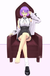 1girl adjusting_eyewear armchair barefoot chair crossed_legs feet glasses green_eyes highres hololive light_blush looking_at_viewer medium_hair open_mouth purple_hair shoes single_shoe toes tokoyami_towa tsuki_riven