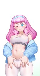 1girl absurdres blue_hair breasts cameltoe closed_mouth clothes_pull covered_erect_nipples cure_la_mer gradient_hair hair_ornament highres laura_(precure) laura_la_mer long_hair magical_girl medium_breasts multicolored_hair navel nipples no_panties nypdesu one_eye_closed pants pantyhose pantyhose_pull pink_eyes pink_hair precure see-through_clothes simple_background smile solo sports_bra sweat tropical-rouge!_precure white_background wink yoga_pants