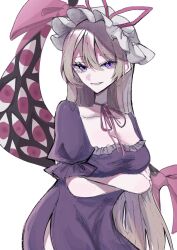 Rule 34 | 1girl, arms under breasts, blonde hair, breasts, choker, cleavage, crossed arms, dress, gap (touhou), hair between eyes, hat, highres, long hair, looking at viewer, medium breasts, mitama311, mob cap, purple dress, purple eyes, ribbon, ribbon choker, short sleeves, smile, solo, teeth, touhou, very long hair, white background, yakumo yukari