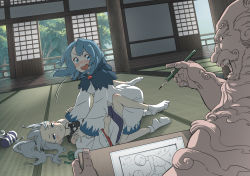 1boy blue_eyes blue_hair blue_headwear blush clipboard day dress grey_hair hat highres indoors kawayabug kumoi_ichirin long_hair long_sleeves lying mononobe_no_futo on_back open_mouth paper pom_pom_(clothes) sitting socks squiggle tatami tate_eboshi textless_version touhou unworn_hat unworn_headwear unzan white_dress white_legwear yuri