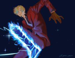 1boy absurdres artist_name blue_fire curly_eyebrows diable_jambe facial_hair fire formal_clothes gloves hair_over_one_eye highres male_focus mustache_stubble one_piece red_suit sanji_(one_piece) signature solo stubble suit twitter_username yao_yasan