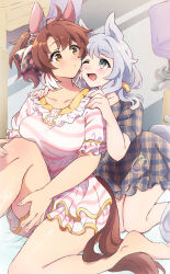 Rule 34 | 2girls, ;d, ahoge, animal ears, barefoot, breasts, brown hair, collarbone, commentary request, d04te2cute, dantsu flame (umamusume), ear covers, grey hair, hair ornament, hair scrunchie, hairband, highres, hishi miracle (umamusume), horse ears, horse girl, horse tail, large breasts, looking at another, medium hair, multiple girls, official alternate hairstyle, one eye closed, open mouth, pajamas, pink hairband, plaid clothes, plaid pajamas, ponytail, scrunchie, smile, striped clothes, striped pajamas, swivel chair, tail, umamusume, white hair, yellow eyes, yellow scrunchie