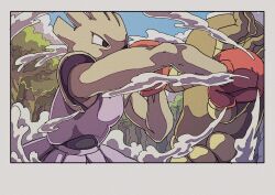 2boys blocking border boxing boxing_gloves dust evolutionary_line forest gen_1_pokemon grey_border highres hitmonchan hitmonlee male_focus multiple_boys nature nintendo onamuzi_illust pokemon pokemon_(creature) tree
