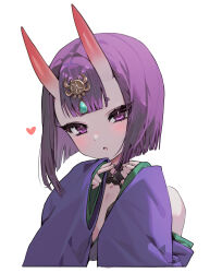 1girl bare_shoulders blush breasts eyeliner fate/grand_order fate_(series) headpiece heart highres horns japanese_clothes kimono long_sleeves looking_at_viewer makeup mokana_moka off_shoulder oni open_mouth purple_eyes purple_hair purple_kimono short_hair shuten_douji_(fate) skin-covered_horns small_breasts solo wide_sleeves