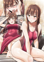 Rule 34 | 1girl, arm support, bar censor, barefoot, blush, breasts, brown eyes, brown hair, censored, clothing aside, competition swimsuit, covered navel, fellatio, hetero, highleg, highleg one-piece swimsuit, idolmaster, idolmaster cinderella girls, long hair, looking at viewer, looking back, mat play, medium breasts, mizumoto yukari, multiple views, one-piece swimsuit, open mouth, oral, penis, purple one-piece swimsuit, pussy, seiza, sex, sitting, smile, swimsuit, swimsuit aside, takemasa, tucking hair, vaginal, wet