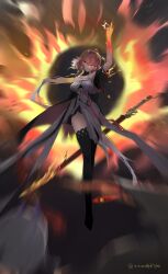 1girl arm_up black_thighhighs boots breasts changli_(wuthering_waves) cleavage dadagalidanbaofan dress full_body glowing hair_ornament highres long_hair looking_at_viewer solo sword thigh_boots thighhighs weapon white_dress wuthering_waves yellow_eyes