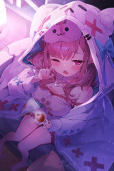 1girl :3 absurdres ahoge blue_bow blush bow breasts cat_choker cleavage collarbone crossed_bandaids cup fingernails fof_(fof_0016) from_above heart_ornament highres holding holding_cup hood hoodie indie_virtual_youtuber indoors lamp large_breasts legs long_hair long_sleeves mug nail_polish one_eye_closed open_clothes open_hoodie open_mouth pajamas paw_print pink_eyes pink_hair pink_nails pink_pajamas sitting sleep_mask solo thighs virtual_youtuber white_hoodie wooden_floor yuuki_sakuna