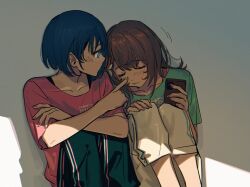 Rule 34 | 2girls, against wall, black pants, blue eyes, blue hair, bra strap, braid, braided bangs, brown hair, cellphone, cheek poking, closed eyes, closed mouth, collarbone, commentary request, crossed arms, green shirt, hair ribbon, hanasato minori, highres, holding, holding phone, kani (kaniya), kiritani haruka, knees up, long hair, looking at another, multiple girls, pants, phone, pink shirt, poking, project sekai, ribbon, shade, shirt, short hair, short sleeves, sitting, sleeping, sleeping on person, smartphone, white pants, yuri