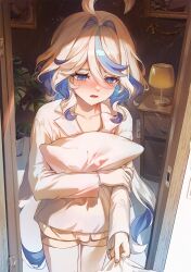 1girl absurdres blue_eyes blue_hair blush collarbone colored_inner_hair corrupted_twitter_file cowlick dasha doorway drop-shaped_pupils furina_(genshin_impact) genshin_impact heterochromia highres holding holding_pillow light_particles long_hair looking_down multicolored_hair pillow plant potted_plant pov pov_doorway shirt shorts solo streaked_hair symbol-shaped_pupils white_hair white_shirt white_shorts