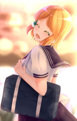 1girl :d bag blonde_hair blurry blurry_background bookbag cowboy_shot facing_viewer female_focus hair_ornament happy hidaka_koharu high_score_girl highres open_mouth outdoors potsunen purple_skirt school_uniform serafuku shirt short_hair short_sleeves sidelocks skirt smile solo standing white_shirt