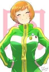 1girl artist_name blush_stickers brown_hair clenched_hands closed_eyes commentary_request green_jacket highres jacket komugi_(mugiwaraclub) persona persona_4 satonaka_chie short_hair smile solo translation_request twitter_username white_background