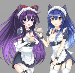 animal_ears apron blue_hair breasts brown_eyes cake cat_ears catssoft1 clover_hair_ornament date_a_live eating fake_animal_ears food four-leaf_clover_hair_ornament genderswap genderswap_(mtf) hair_ornament highres itsuka_shiori long_hair maid maid_apron maid_headdress medium_breasts ponytail purple_eyes purple_hair self-upload sweat thighhighs very_long_hair yatogami_tohka zettai_ryouiki
