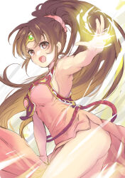 armpits attack breasts brown_eyes brown_hair choker circlet clothes_lift dress dress_lift fire_emblem fire_emblem:_mystery_of_the_emblem hand_up highres legs linde_(fire_emblem) long_hair magic nintendo no_panties open_mouth pink_dress pink_scrunchie ponytail scrunchie side_slit sideboob unigon_(kitsutsuki)