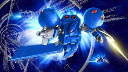 Rule 34 | arm cannon, artist request, battle, dra-c, energy beam, energy blade, fake screenshot, firing, gundam, gundam 0083, highres, machinery, mecha, mecha focus, mobile suit, no humans, o&#039;neill cylinder, one-eyed, robot, science fiction, shield, space, space habitat, star (sky), thrusters, vernier thrusters, weapon, zeon