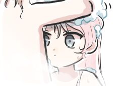 2girls bang_dream! bang_dream!_it&#039;s_mygo!!!!! brown_hair chihaya_anon commentary_request foam grey_eyes long_hair lyy multiple_girls nagasaki_soyo nude pink_hair simple_background staring washing_another washing_hair white_background yuri