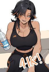 1girl bare_arms bare_shoulders black_hair black_pants black_tank_top bottle brand_name_imitation breasts cleavage commentary dark-skinned_female dark_skin english_commentary eyes_visible_through_hair hair_between_eyes hair_over_one_eye highres holding holding_bottle hotaru_(nokaa_aru) large_breasts long_hair looking_at_viewer midriff milestone_celebration mole mole_under_mouth multicolored_hair navel nokaa_aru open_mouth orange_eyes orange_hair original pants plastic_bottle pocari_sweat sitting smile solo streaked_hair sweat sweatpants tank_top twitter_username two-tone_hair water_bottle wolf_cut