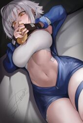 1girl absurdres ahoge anizi bandaid bandaid_on_face bandaid_on_nose blue_jumpsuit blush bread bread_bun breasts eating food gloves goddess_of_victory:_nikke grey_hair hair_intakes highres holding jumpsuit large_breasts lying mori_(nikke) navel on_back open_jumpsuit shiny_skin short_hair short_jumpsuit skindentation thigh_strap yellow_eyes